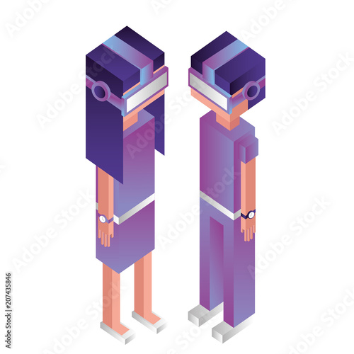 couple with reality virtual mask isometric vector illustration design