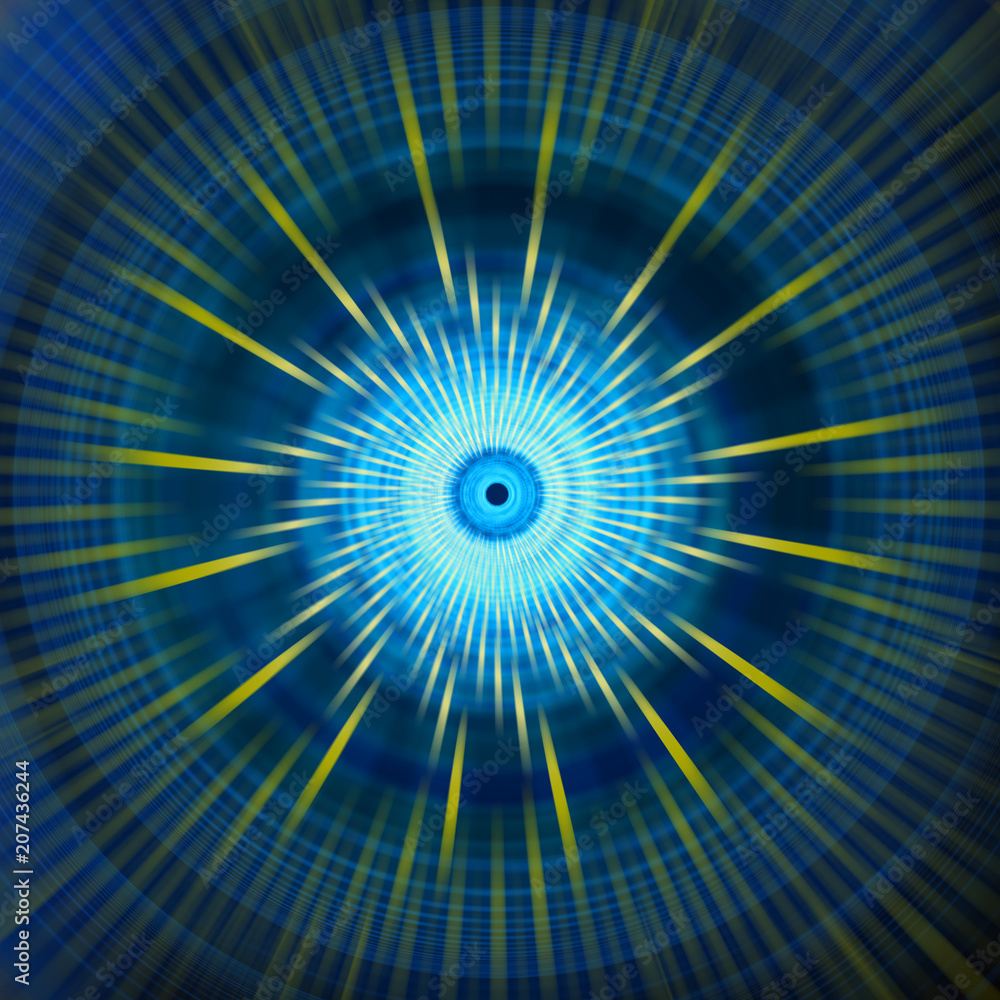 Abstract blue sci-fi glowing circular ornamental pattern, background or ornament with yellow rays. Abstract blue sci-fi glowing circular ornamental pattern, background or ornament with yellow rays.