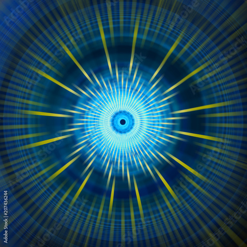 Abstract blue sci-fi glowing circular ornamental pattern, background or ornament with yellow rays.