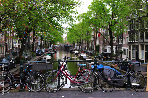 Water canal in Amsterdam with a bicycle wheel