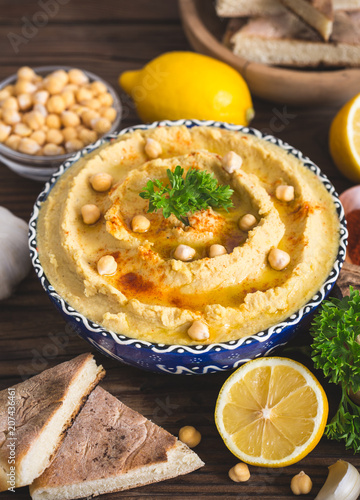Homemade chickpea hummus with olive oil