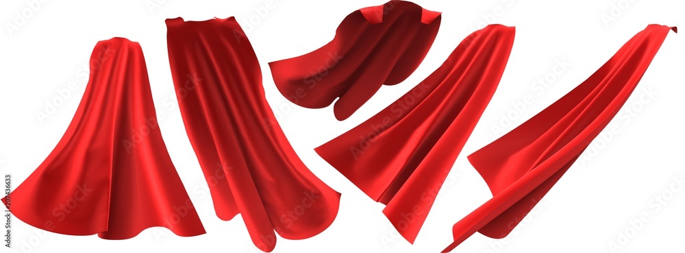 Superhero red cape set on white background - obrazy, fototapety, plakaty 