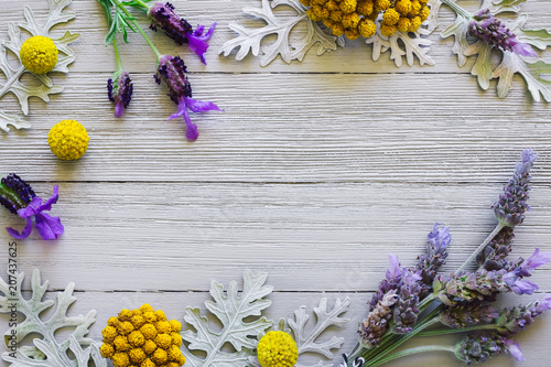 Lavender with Dusty Miller and Yellow Flowers