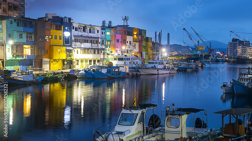 Billede på lærred Zhengbin Fishing Port in north of Taiwan with nice house color and view