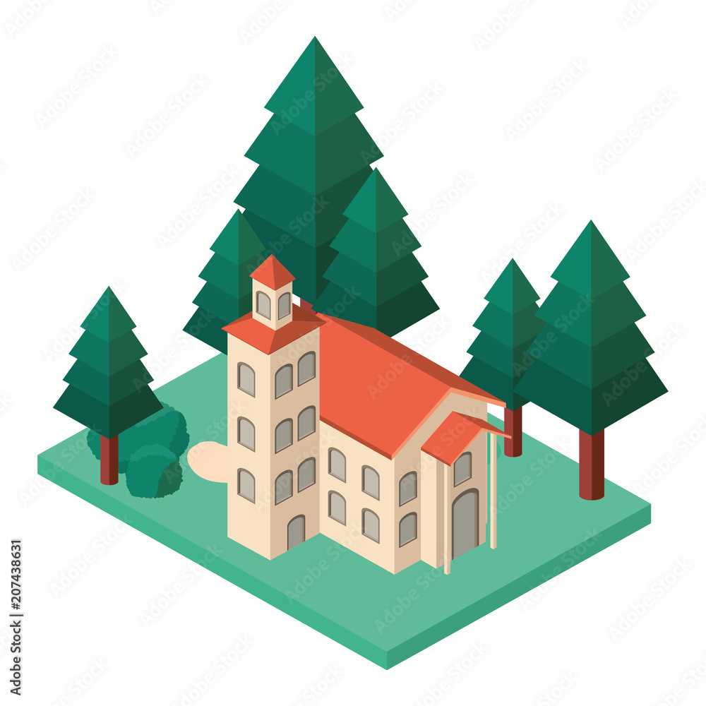 school building with landscape isometric vector illustration design