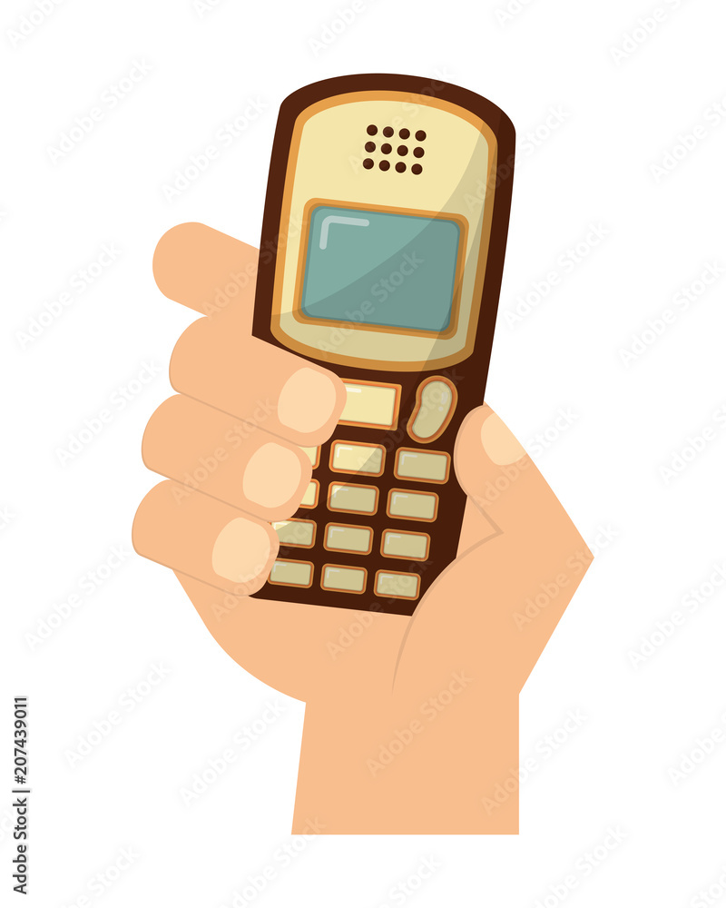 hand with old cellphone retro style vector illustration design hand with old cellphone retro style vector illustration design