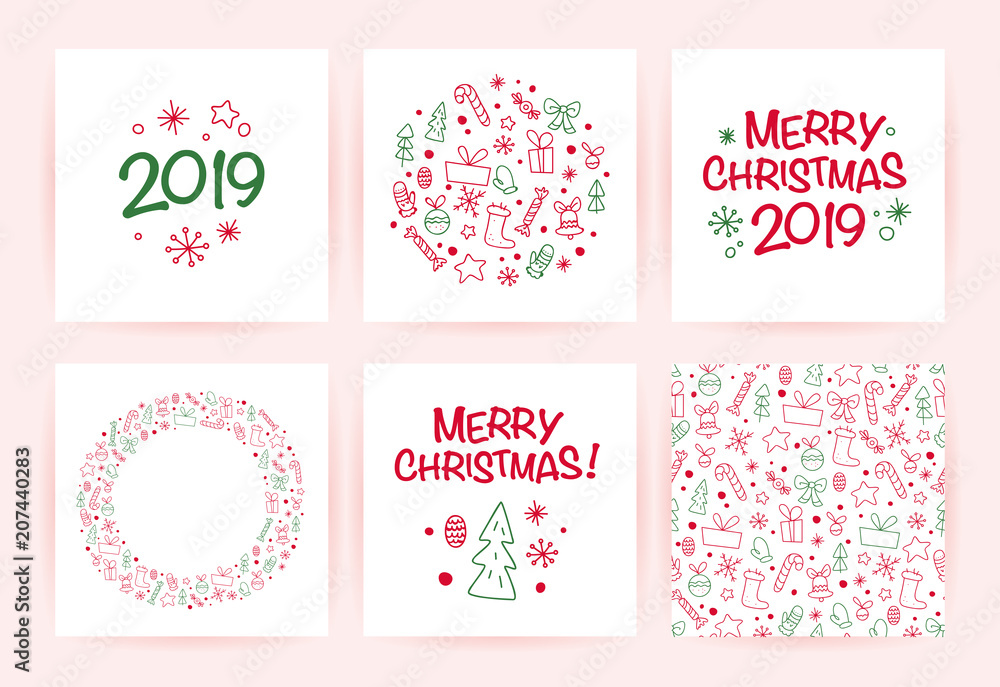 Vector collection of flat Christmas holiday congratulation cards with patterns & text isolated on light background. Traditional Merry Christmas decor elements - fir tree, gift box, snowflake. Line art