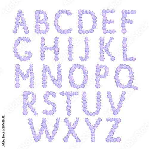 Alphabet, bubbles letters, purple foam font, vector