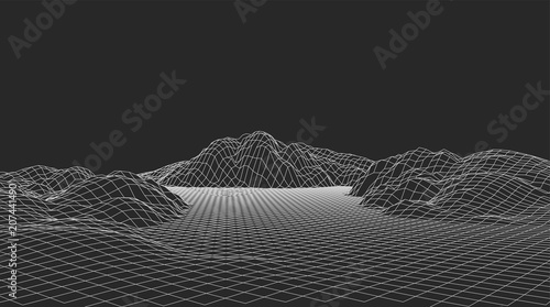 Abstract vector wireframe landscape. Abstract mesh landscapes. Polygonal mountains. Vector illustration.