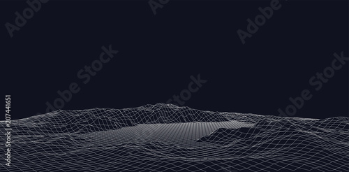 Abstract vector wireframe landscape. Abstract mesh landscapes. Polygonal mountains. Vector illustration.