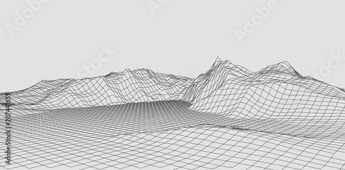 Abstract vector wireframe landscape. Abstract mesh landscapes. Polygonal mountains. Vector illustration.