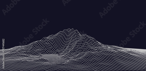 Abstract vector wireframe landscape. Abstract mesh landscapes. Polygonal mountains. Vector illustration.
