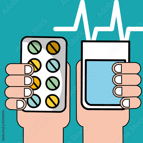 hand holding pills and water mental health care vector illustration