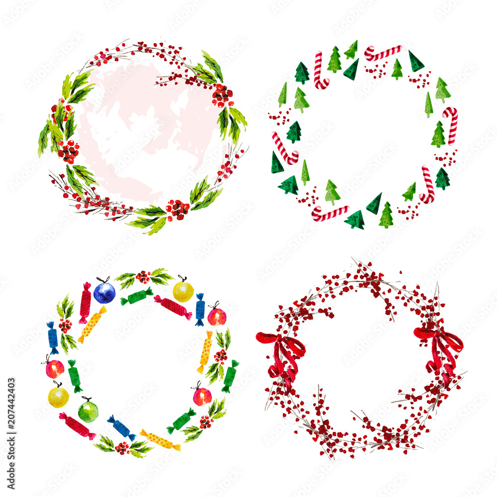 Vector set of artistic watercolor hand drawn Merry Christmas decoration wreath isolated on white background. Congratulation design element, card, invitation, banner, package.