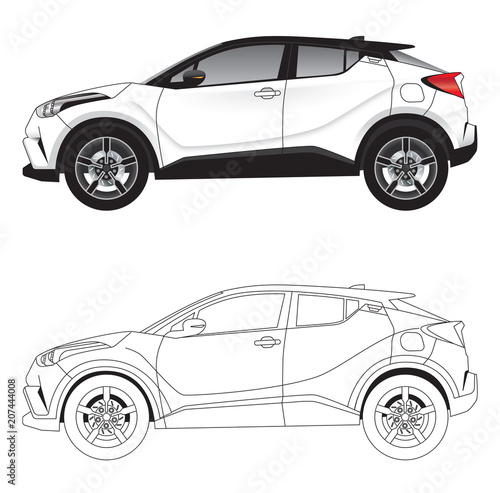 Side with vector illustration diagram of agressive styled sports SUV car in colour and outline