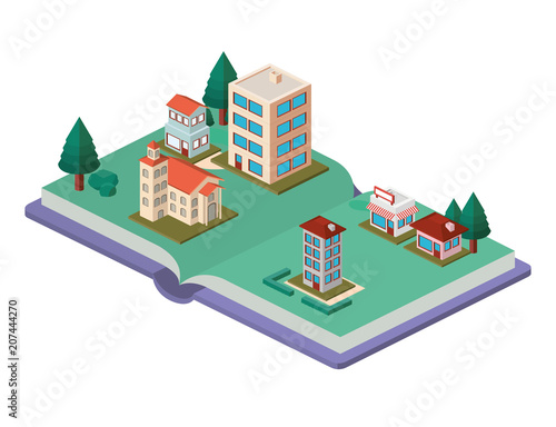 book school with field and building isometric vector illustration design