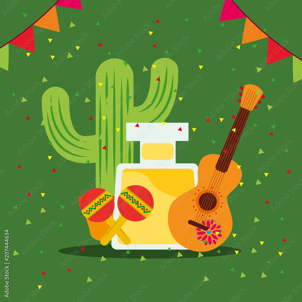 Naklejka premium viva mexico celebration cactus bottle lemon guitar and rattles balloons vector illustration