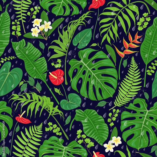 Tropical  Leaves and Rain Drops  Pattern