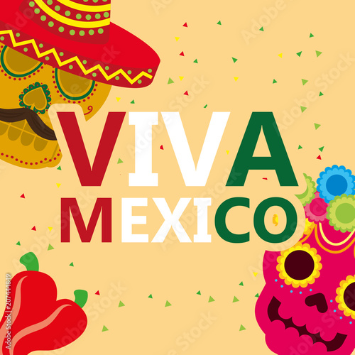viva mexico celebration two chili peppers skulls moustache vector illustration photo