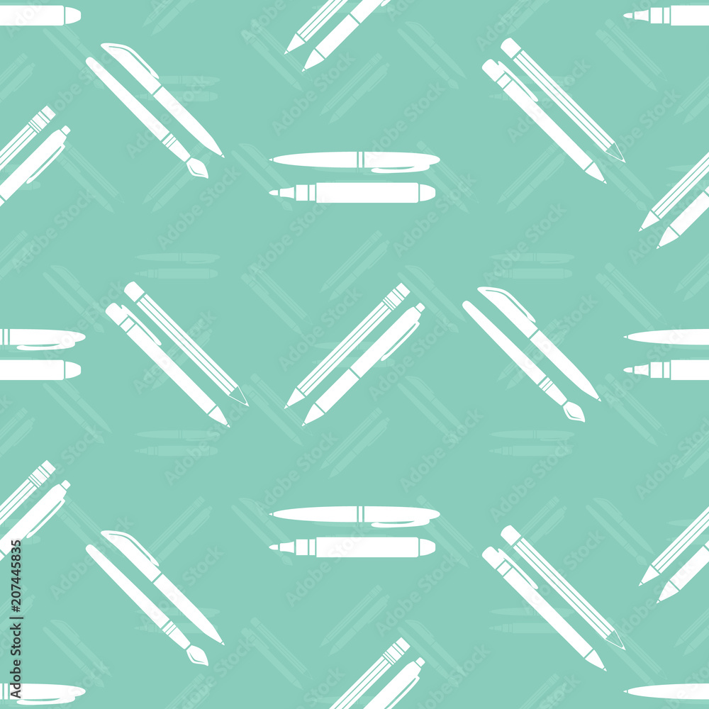 Stationery: pen, pencil, marker, paintbrush. Seamless background drawing. Stationery: pen, pencil, marker, paintbrush. Seamless background drawing.