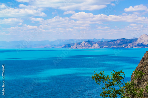 Sea and Mountains landscape at Cape Meganom  the east coast of the peninsula of Crimea. Beautiful nature  Colorful background.