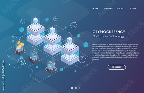 Blockchain network business template. Cryptocurrency and blockchain isometric composition. Mining Abstract Technology. Digital money system. Layout for web and app.