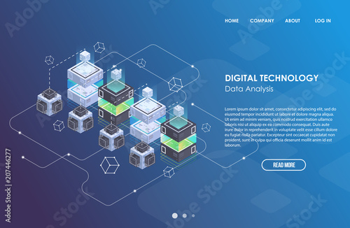 Concept of big data processing, Isometric data center, vector information processing and storage. Creative illustration with abstract geometric elements.