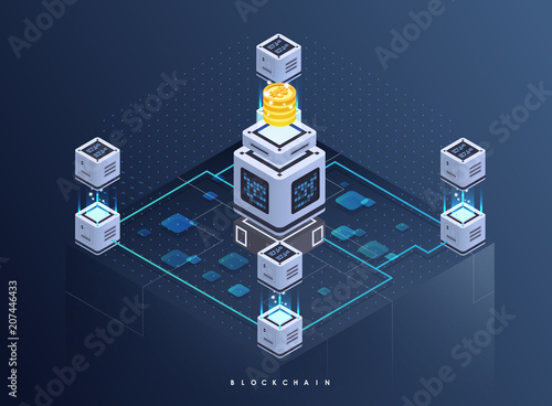 Blockchain network business template. Cryptocurrency and blockchain isometric composition. Mining Abstract Technology. Digital money system. Layout for web and app.