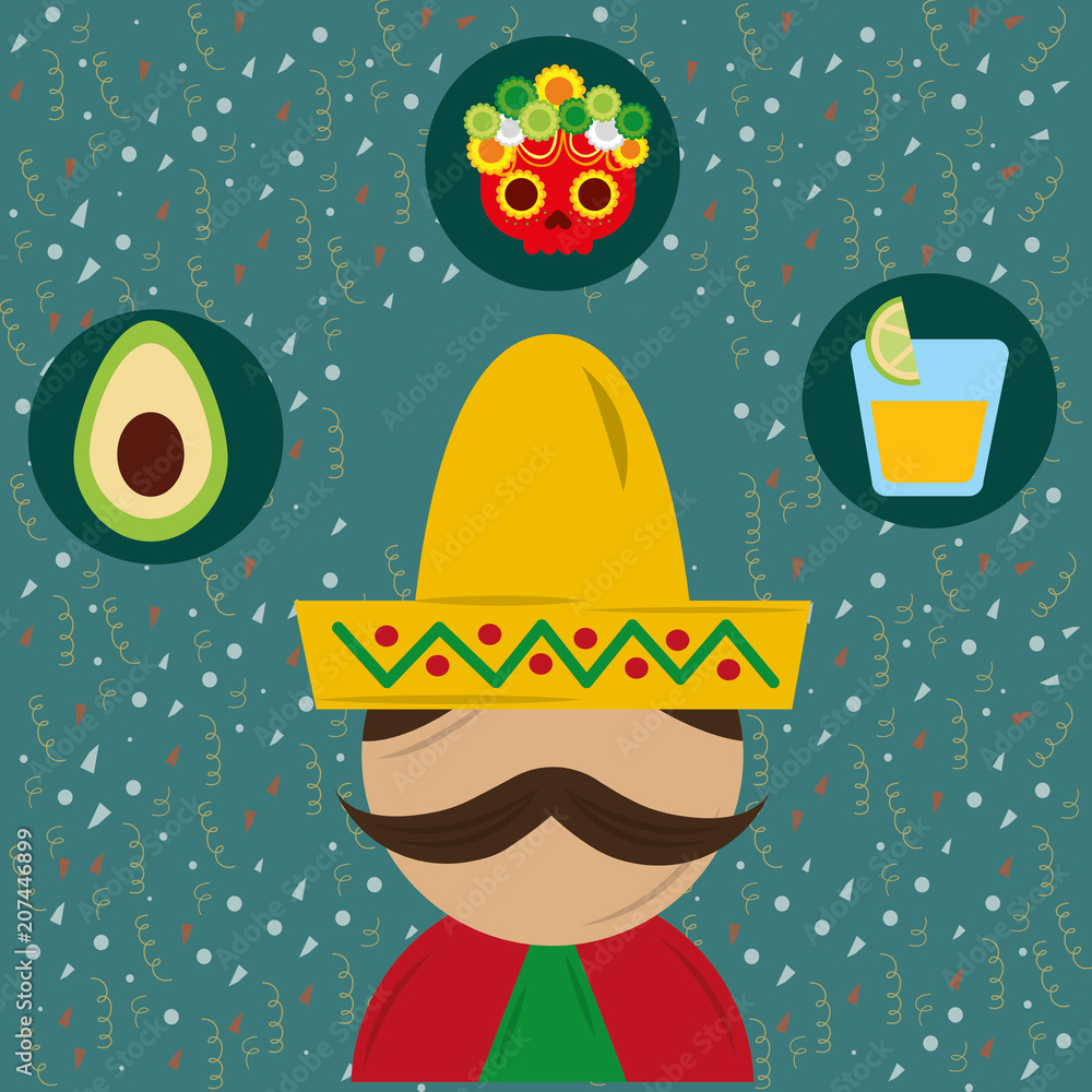 Fototapeta premium portrait mexican man with hat and poncho vector illustration
