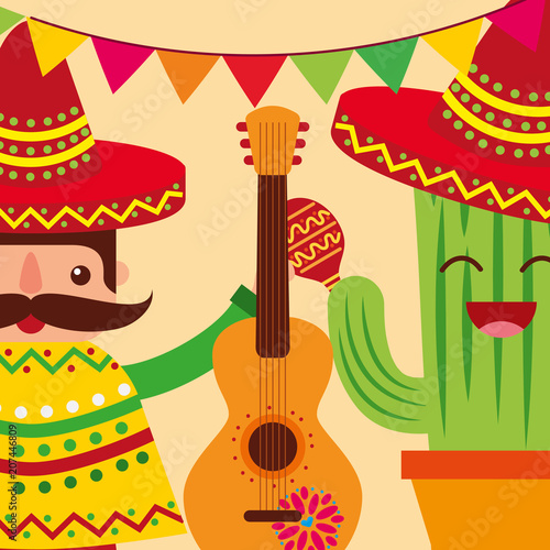 mexican man and cartoon cactus guitar celebrating vector illustration