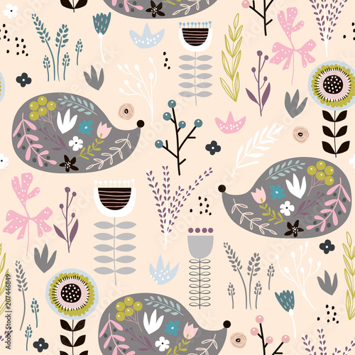 Seamless pattern hedgehogs with floral elements, branches. Creative woodland background. Perfect for kids apparel,fabric, textile, nursery decoration,wrapping paper.Vector Illustration