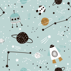 Crédence de cuisine Cosmos patrons Fusées et planètes univers enfantin  © solodkayamari