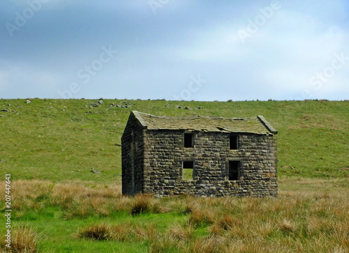 an old abandoned stone farmhouse in green pasture on high pennine moorland with bright blue sky