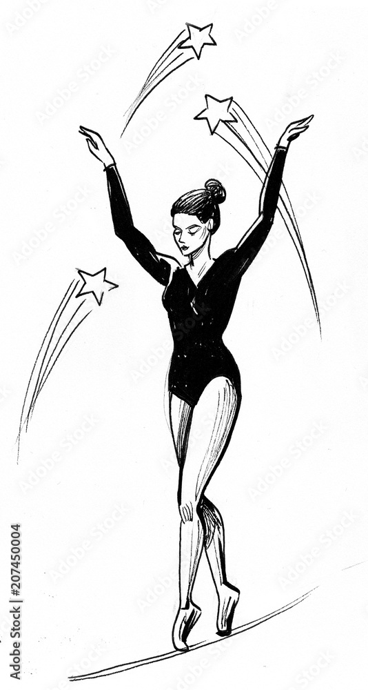 Gymnast on the string. Ink black and white illustration