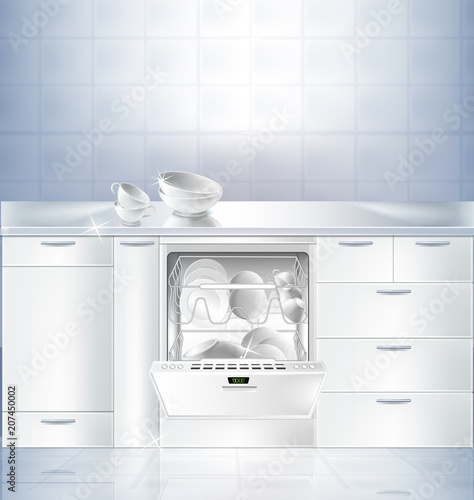 Vector realistic mockup of kitchen room with white clean floor and wall. Cupboard with built-in dishwasher machine filled with clean plates. Template, background for presentation detergent product