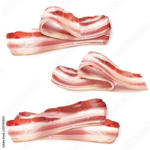Vector realistic set of thin bacon strips, rashers, raw or smoked isolated on background. Fatty slices of pork meat, brisket or ham, tasty snack, delicious food for breakfast. Clipart for your design