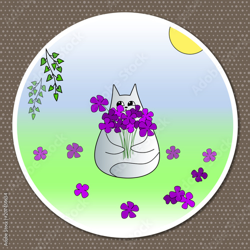 Vector bright cheerful illustration. Funny cat collects purple flowers on a summer meadow.
