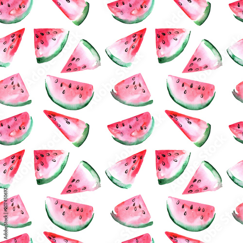Fototapeta Naklejka Na Ścianę i Meble -  Watercolor seamless pattern with slices of watermelon.