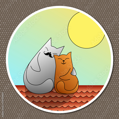 Vector bright cheerful illustration. Loving couple of cute, funny cats on the roof of the house bask in the sun.