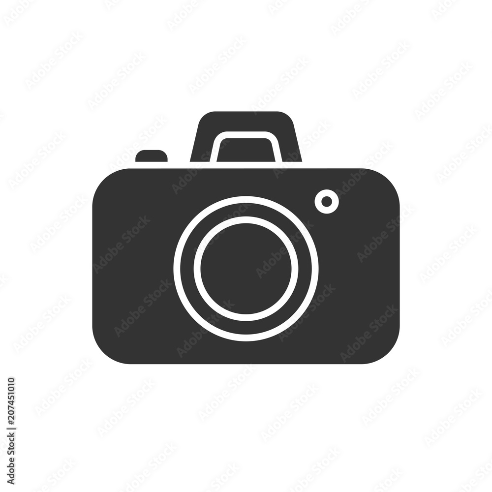 Black isolated icon of photo camera on white background. Silhouette of photo camera. Black isolated icon of photo camera on white background. Silhouette of photo camera.