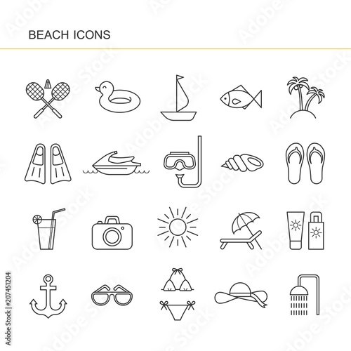 Isolated black outline collection icon of cocktail, badminton, flippers, hat, jet ski, sunglasses, shell, sailboat, anchor, ring rubber, palm, sunscreen, swimsuit photo camera. Set of line beach icon.