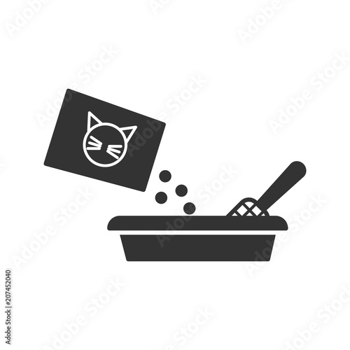 Black isolated icon of toilet for cat on white background. Icon of filler for cat.
