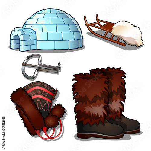 The set of items of culture and life of the people of the far North and of the Inuit, isolated on white background. Jaw harp, igloo, sleigh, boots, hat. Vector illustration.