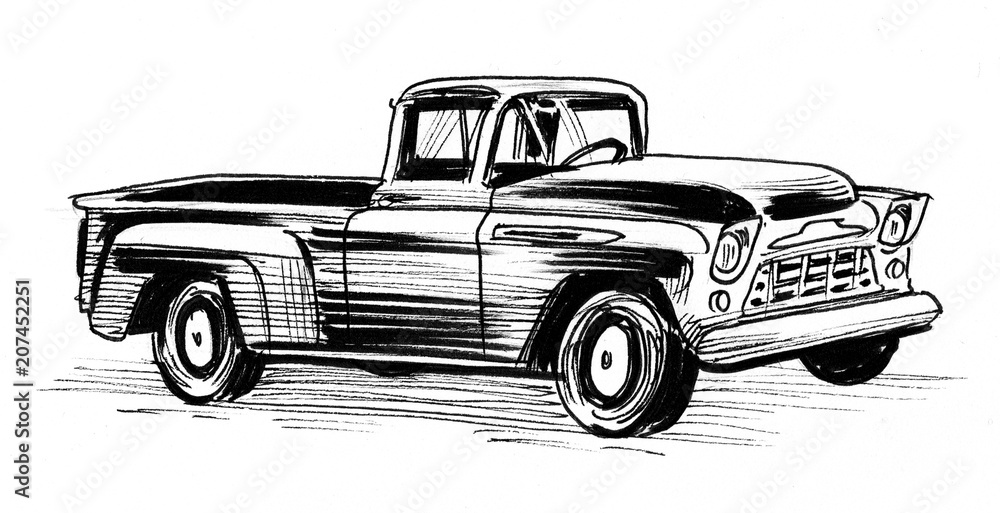 Ink black and white illustration of an old American truck