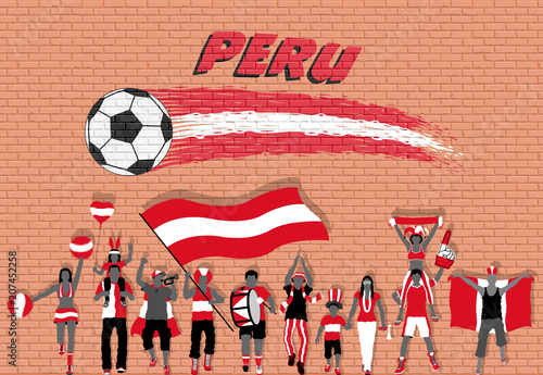 Peruvian football fans cheering with Peru flag colors in front of soccer ball graffiti