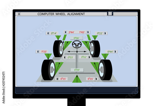 Car service. An image of a car schematic with sensors on wheels on a computer monitor. Wheel alignment. illustration