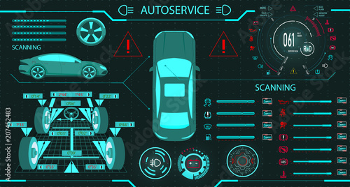 Car service. Diagnostic stand wheel alignment. Car digital car dashboard. Graphic display. illustration