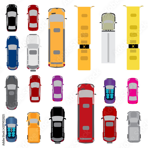 A set of cars. Sidan, coupe, convertible, station wagon, cargo van, bus. View from above. illustration