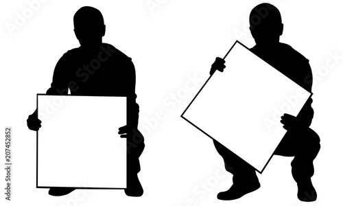 People holding panels in a crouch position isolated on white