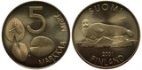 Finland Finnish Suomi coin 5 marka 2001, Lily leaves, dragonfly, seal on rock, seagull above, 
